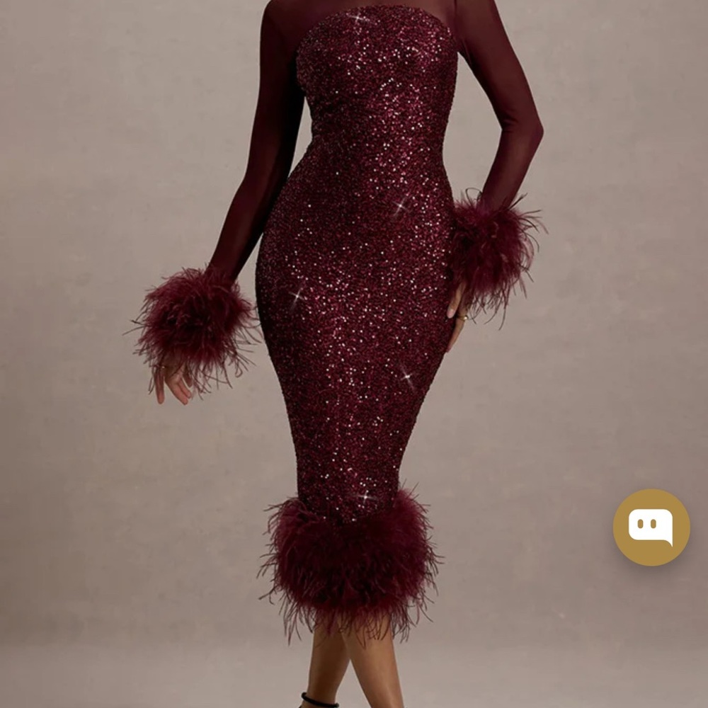 *ISO* CLUB L London Afterglow
Sequin Long-Sleeve Midi Dress W/ Feather Trims